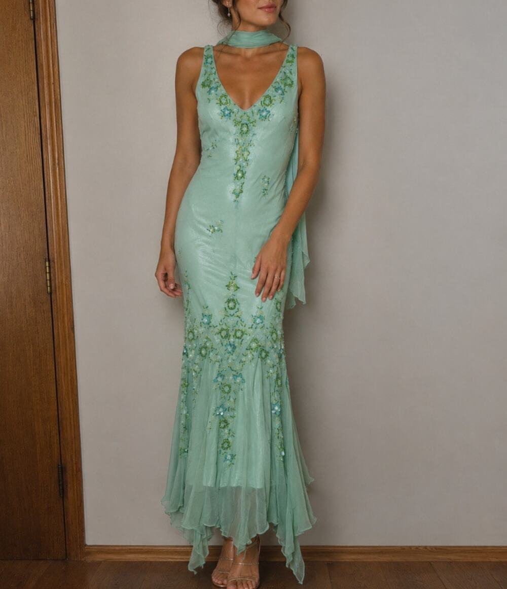 NWT! Scala Silk Beaded Gown Green Size S